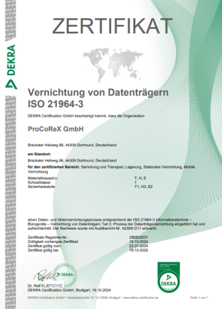 Vernichtung von Datenträgern ISO 21964 Zertifikat