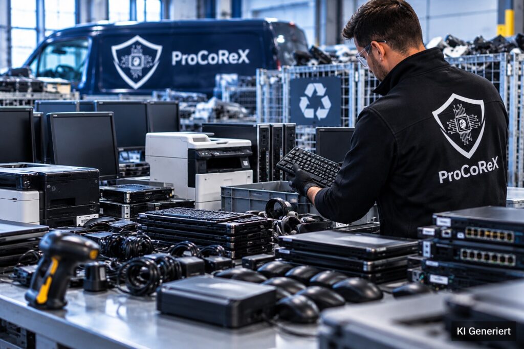 KI-Generiert: Monitore, Drucker, Netzwerktechnik und weitere IT-Peripherie im Recyclingprozess