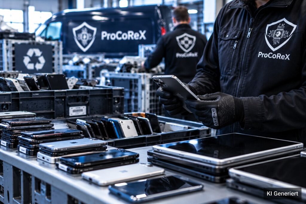 KI-Generiert: Smartphones und Tablets werden bei der IT-Entsorgung sortiert