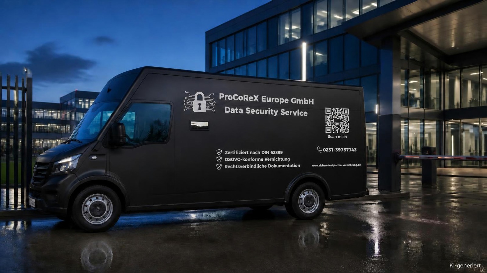 ProCoReX Fahrzeug vor Firmengebäude – KI-generiert